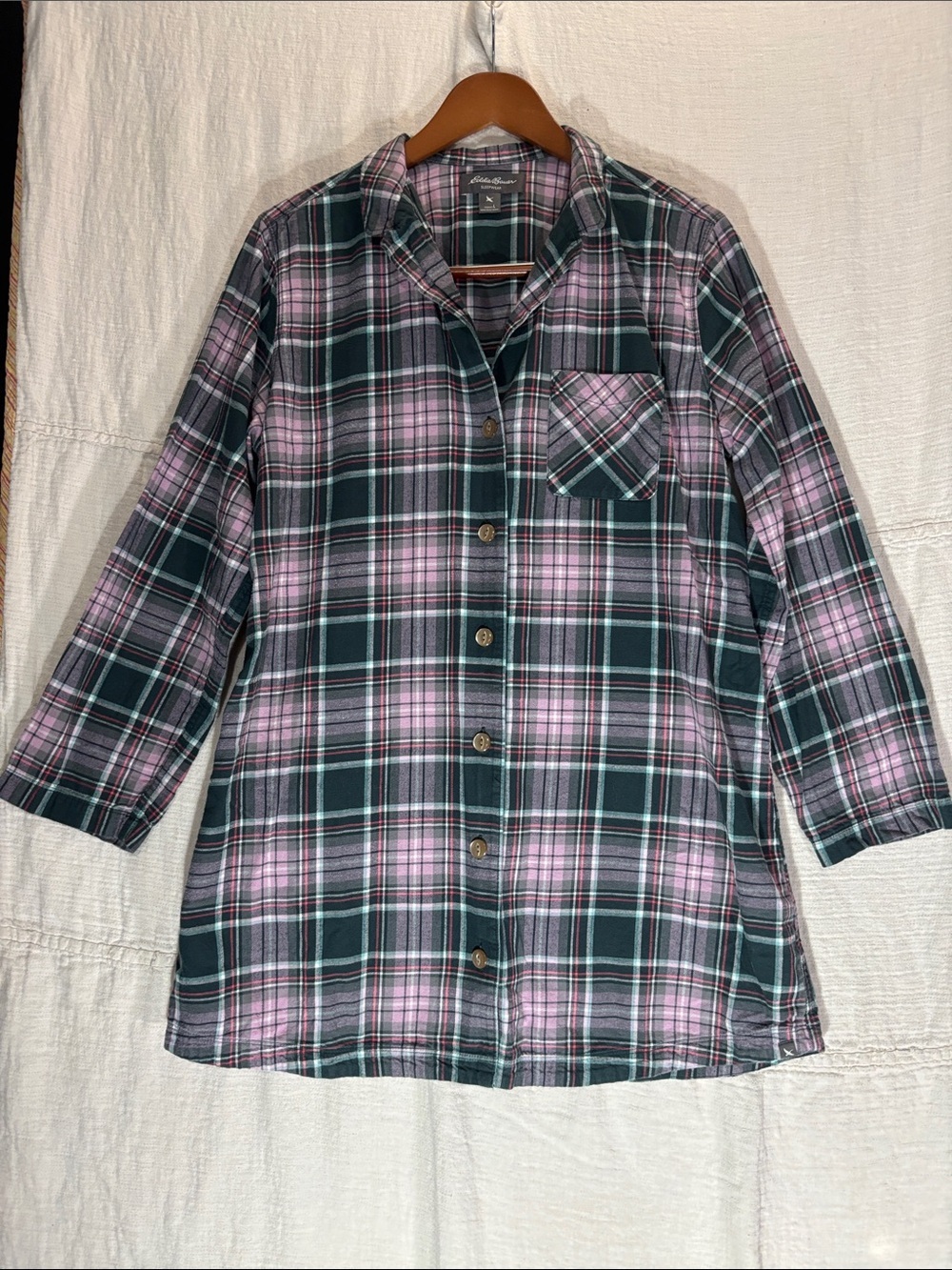 Eddie Bauer Flannel Sleep Shirt Pink Green Plaid 100% Cotton Size Large EUC